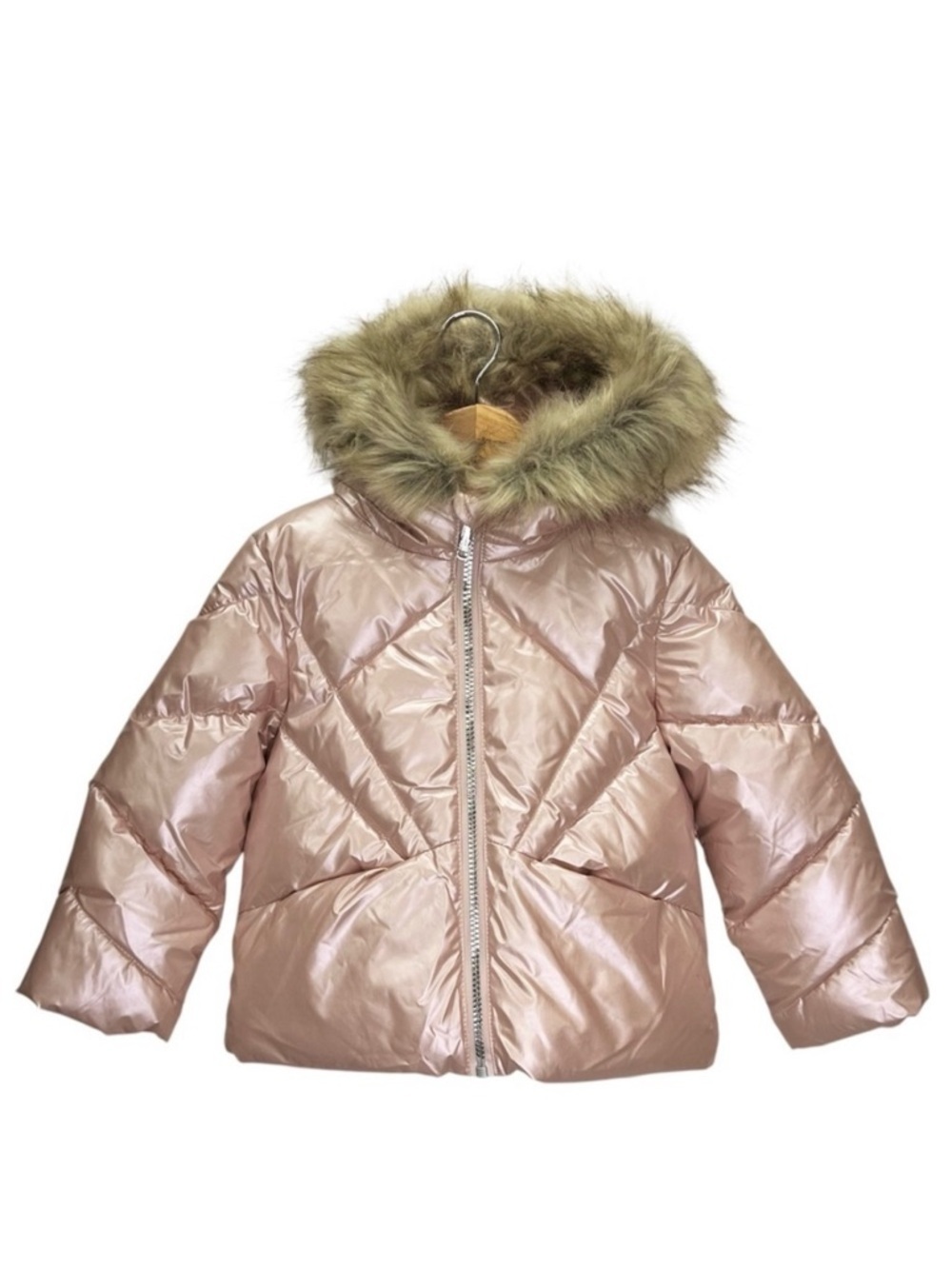 Sam Edelman Metallic Pink Puffer Coat Size 3T Quilted Fur Trim Hood Jacket NWT